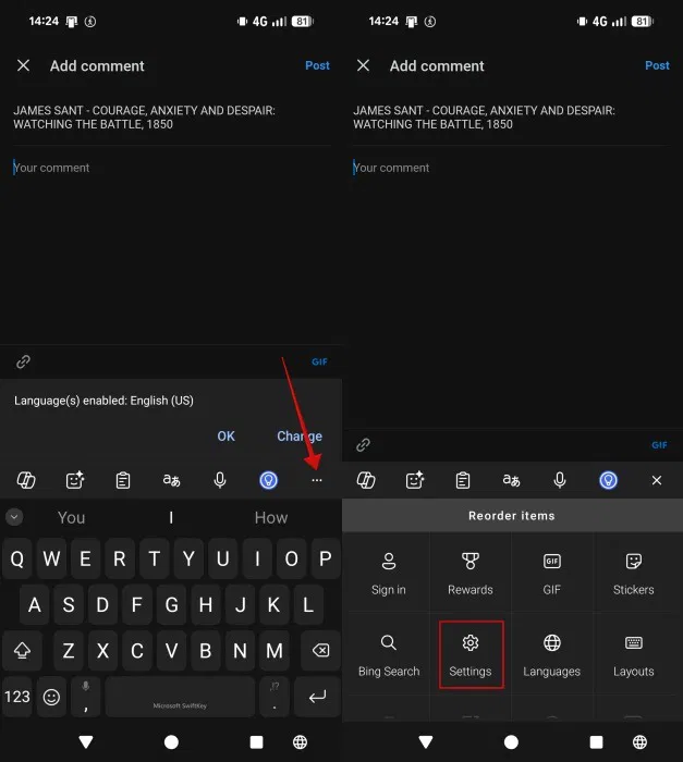 Accès aux paramètres dans l'application SwiftKey sur Android.