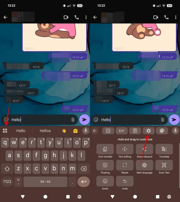 Appuyez sur l'icône Paramètres dans l'application Gboard sur un téléphone Android.