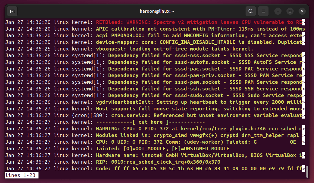 Affichage des messages de niveau d'avertissement de Journalctl