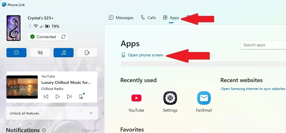 Sélection de l'application YouTube dans l'application Windows Phone Link.