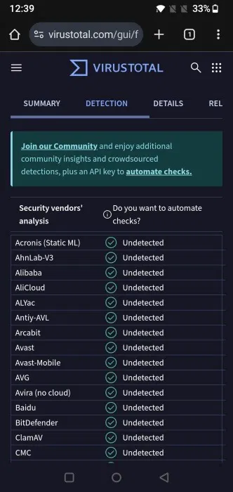 Scanner l'APK avec VirtusTotal sur un téléphone Android. 