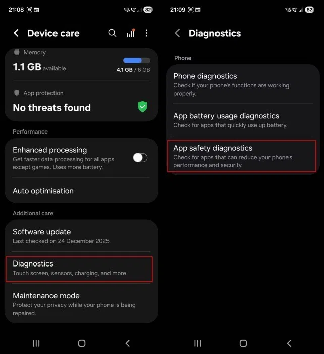 Accès aux options de diagnostic dans les paramètres du Samsung Galaxy.