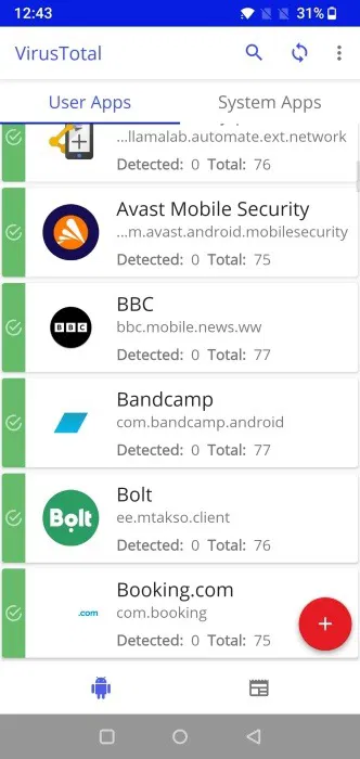 Affichage de l'application VirusTotal sur Android qui analyse les applications installées.