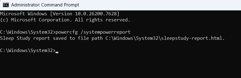 Exécution de la commande d'étude du sommeil dans CMD