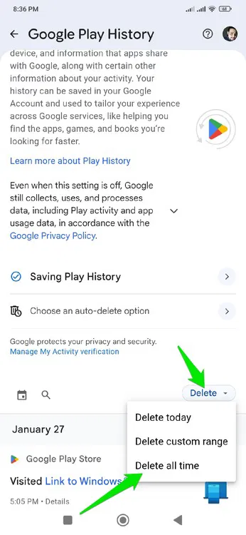 Options de suppression d'activité dans le Play Store
