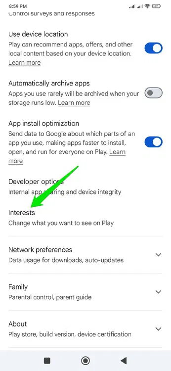 Centres d'intérêt du Google Play Store