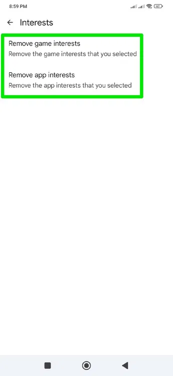 Supprimer les centres d'intérêt dans le Play Store