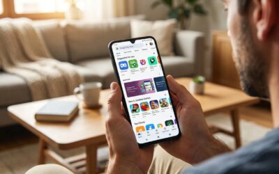 A man look at his phone with Google Play Store open on it showing random apps