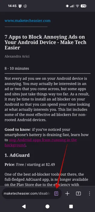 Affichage de l'icône du lecteur dans Firefox pour Android. 