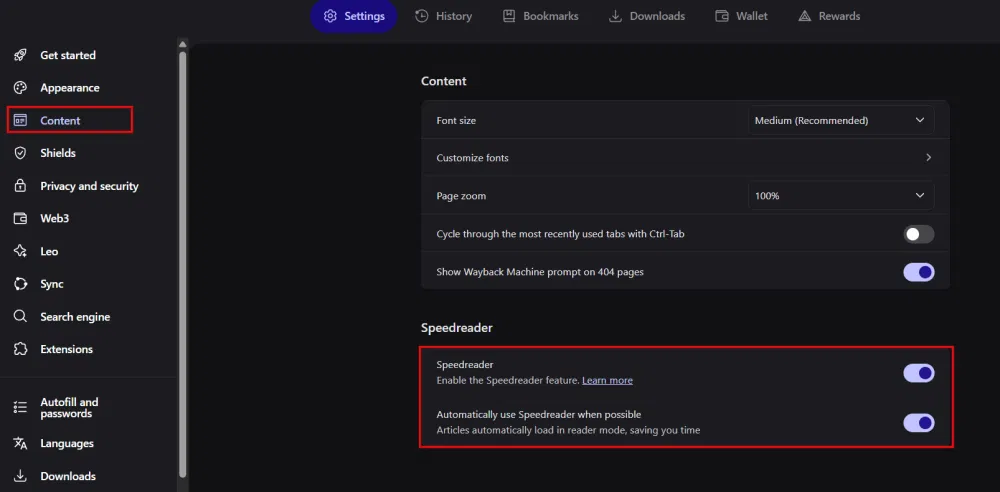 Activation de Speedreader dans le navigateur Brave sur PC. 