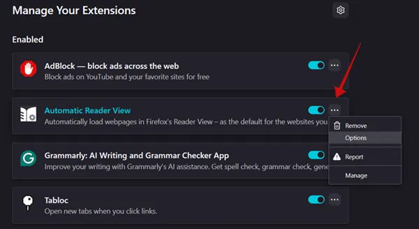 Appuyez sur trois points pour une extension spécifique dans Firefox sur PC. 