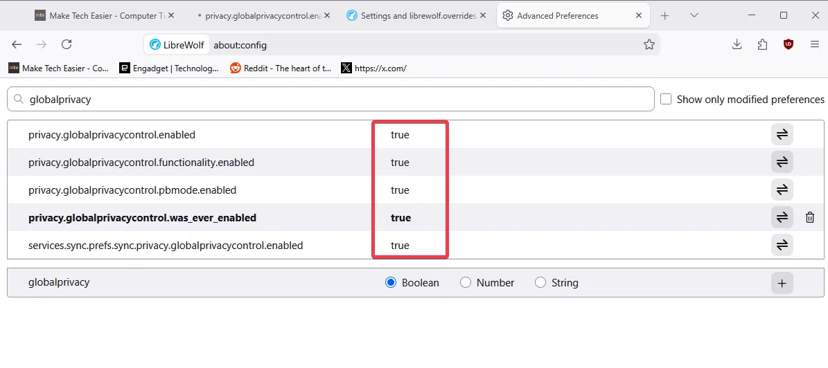 Contrôle de confidentialité global activé Librewolf