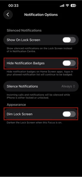 Options de notification de mise au point sur iPhone