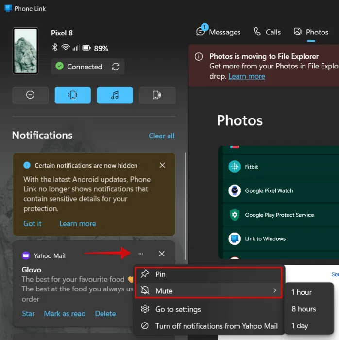 Épingler ou désactiver les notifications dans l'application Phone Link sous Windows.s