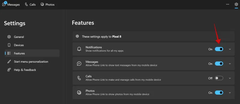 Désactivation des notifications dans l'application Phone Link sous Windows. 