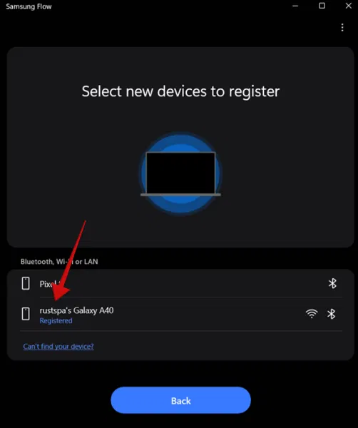 Vue du téléphone Samsung Galaxy dans l'application Samsung Flow sous Windows. 