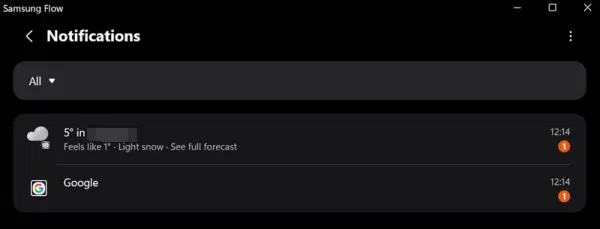 Affichage des notifications du téléphone Galaxy dans l'application Samsung Flow sous Windows. 