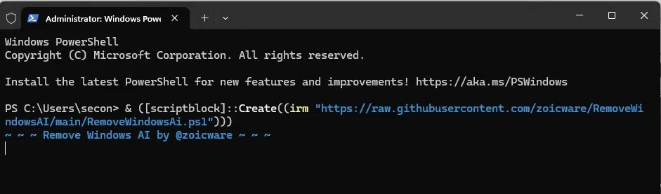PowerShell avec le script RemoveWindowsAI.