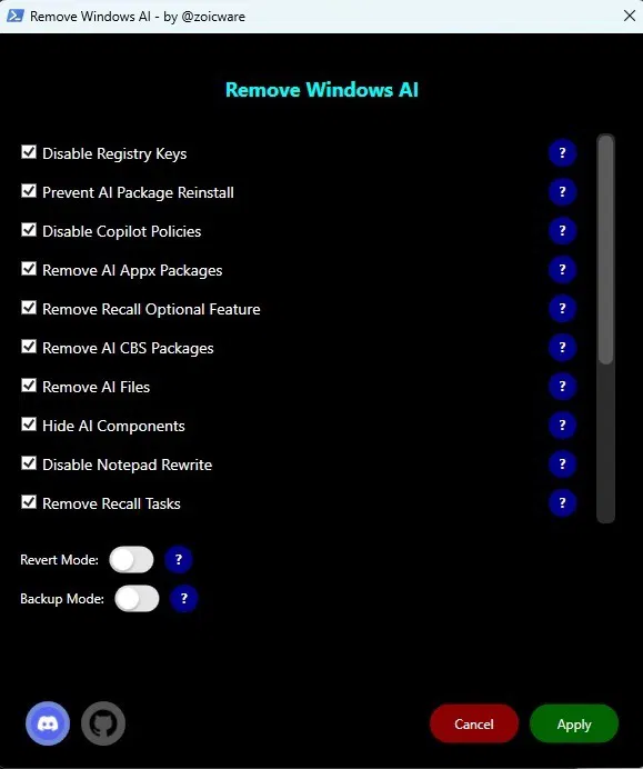 Supprimez la fenêtre des options de Windows AI.