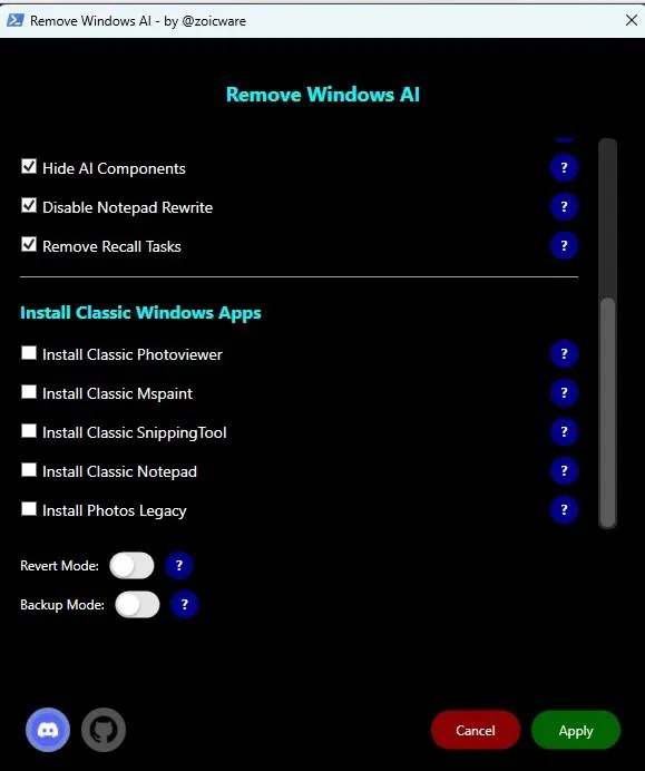 Installation de l'application Windows classique pour remplacer l'IA dans Windows.