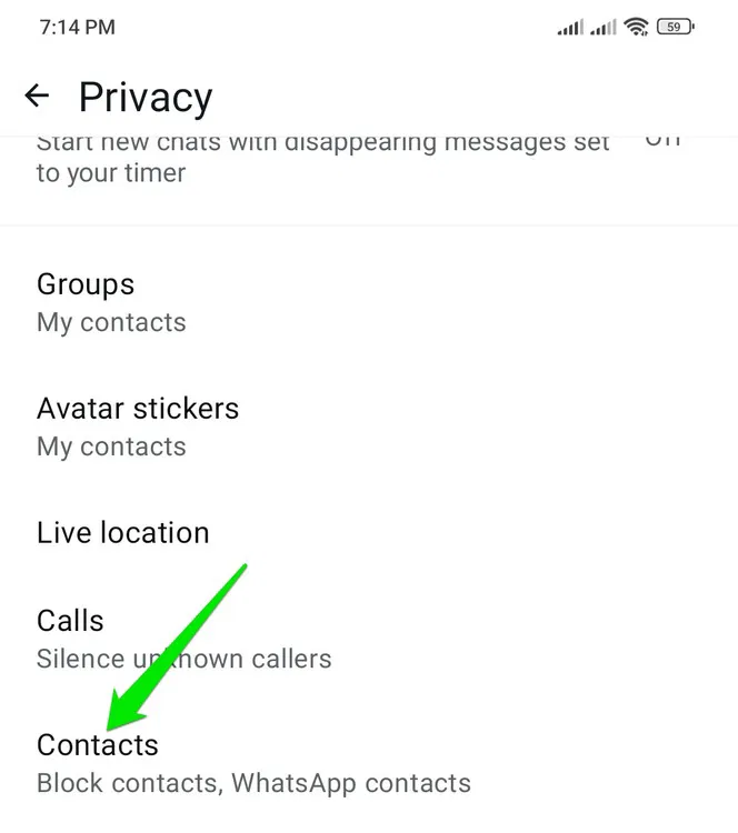 Option de contacts dans WhatsApp