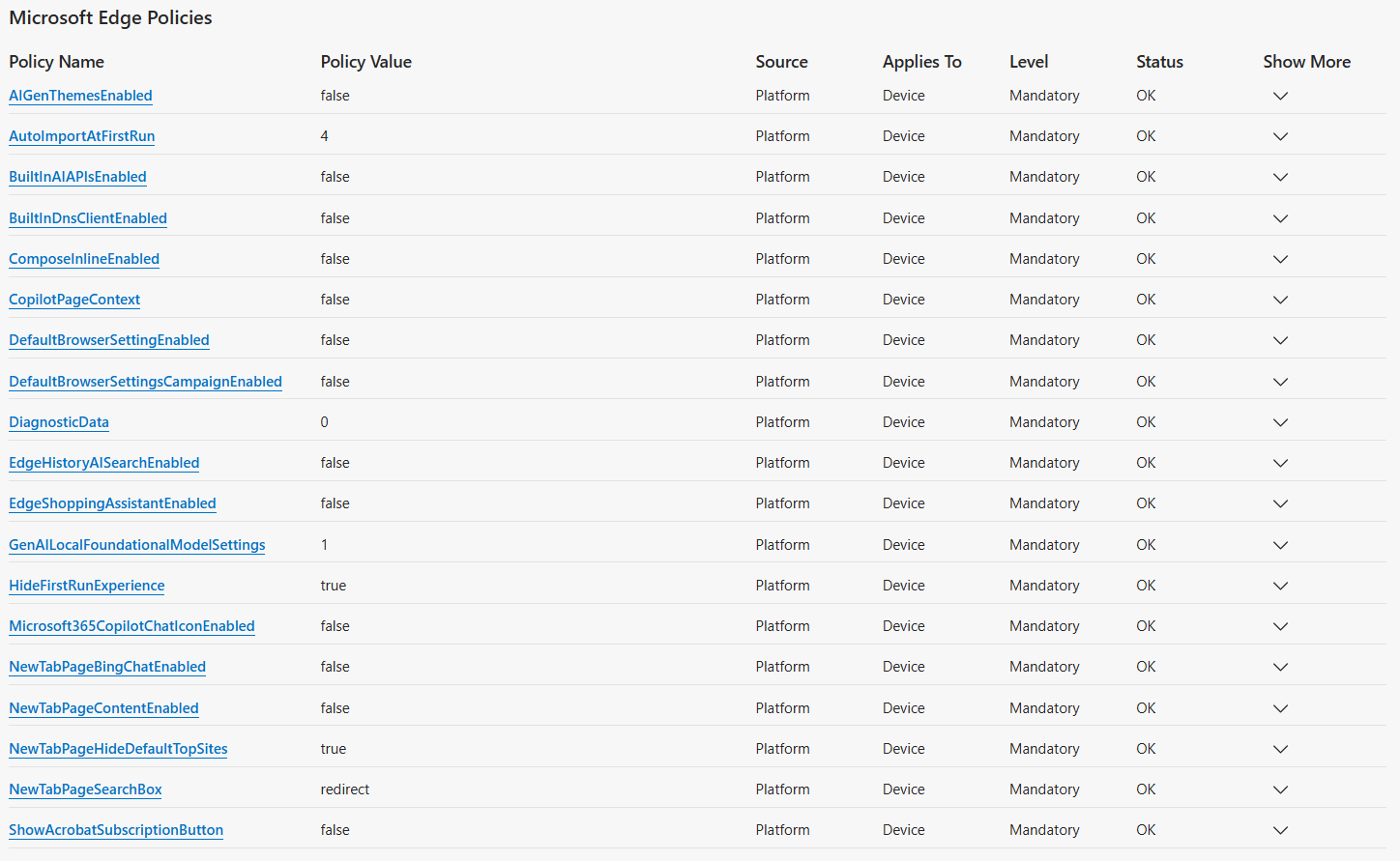 Liste des politiques Microsoft Edge