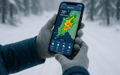 Person checking the radar on their phone while out in a winter storm.