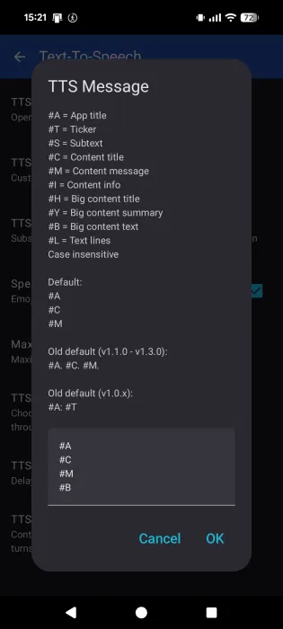 Personnalisation des parties de la notification qui sont prononcées dans l'application Voice Notify sur Android. 