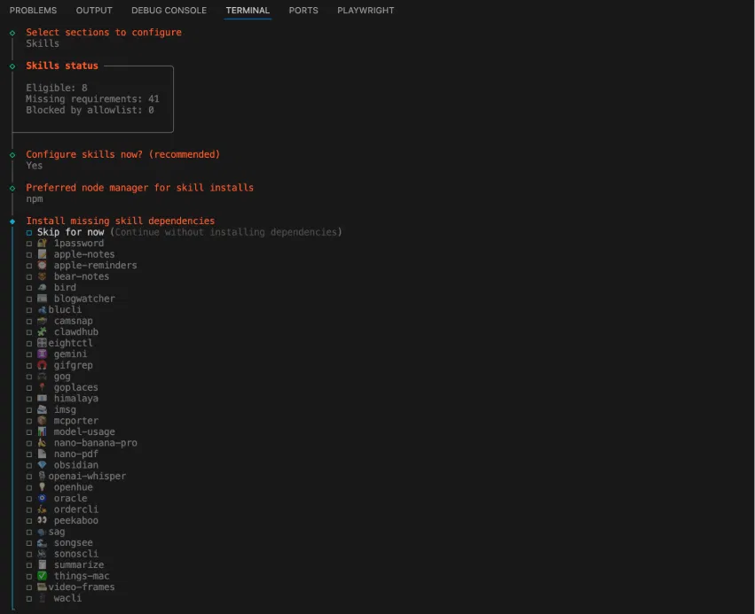 Capture d'écran montrant les compétences de Clawdbot