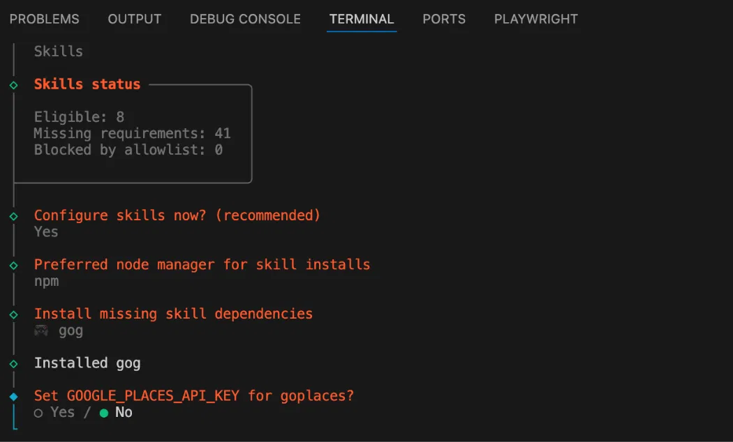 Capture d'écran montrant l'état de la compétence Clawdbot