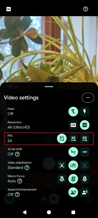 Modification du FPS dans les paramètres vidéo de la caméra Pixel sur Android.