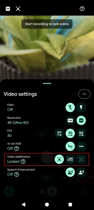 Désactiver la stabilisation vidéo dans l'application Pixel Camera sur Android. 