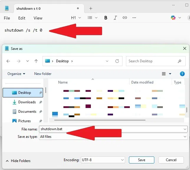 Création d'un script d'arrêt de Windows dans le Bloc-notes.