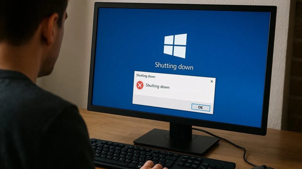 Person using Windows with a shutdown error on screen.