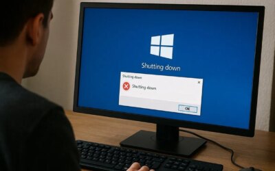 Person using Windows with a shutdown error on screen.