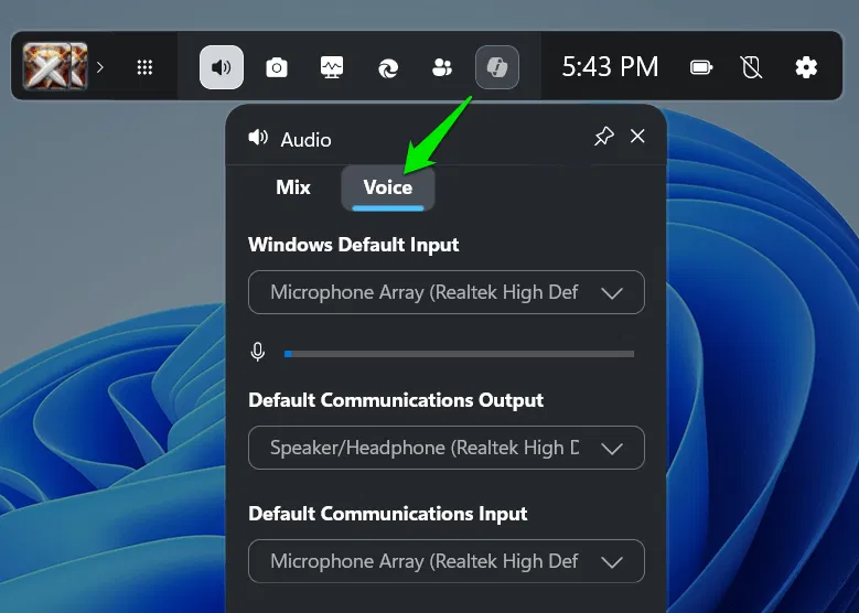Menu vocal audio de la Game Bar avec les appareils répertoriés