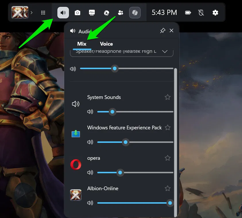 Options de mixage audio dans la barre de jeu