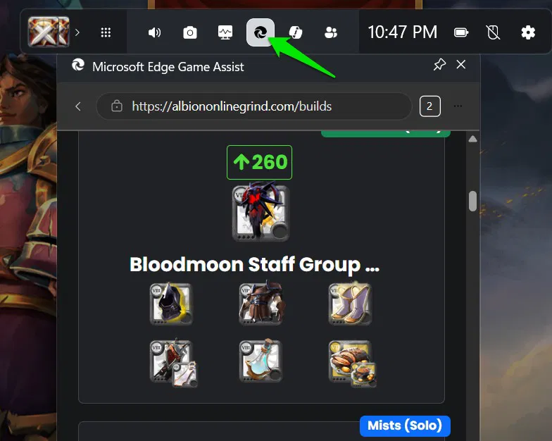 Edge Game Assist affichant le guide en ligne d'Albion en superposition