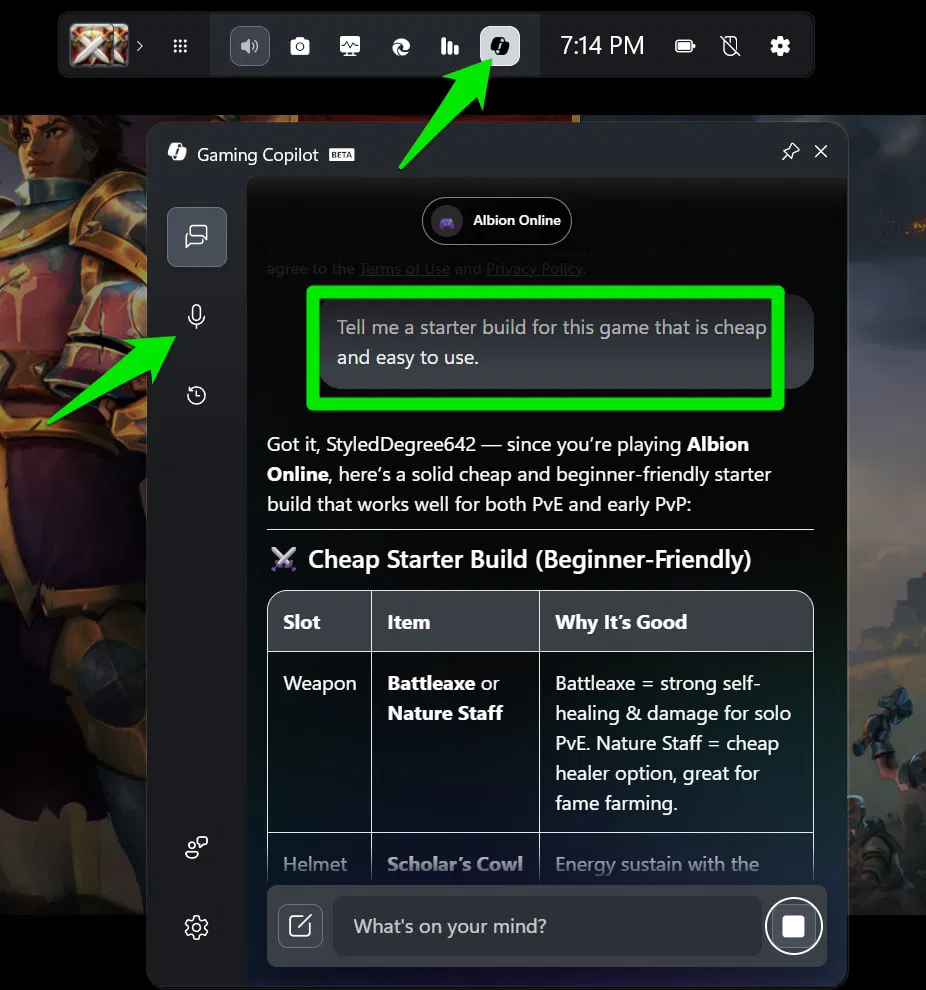 Gaming Copilot donne des conseils de construction