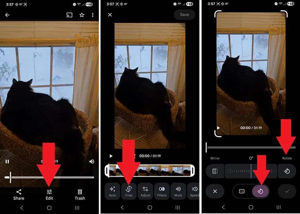 Faire pivoter une vidéo Android dans Google Photos.