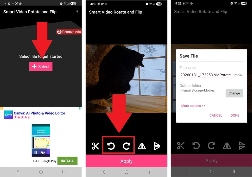Utilisation de Smart Video Rotate and Flip pour faire pivoter la vidéo sur Android.