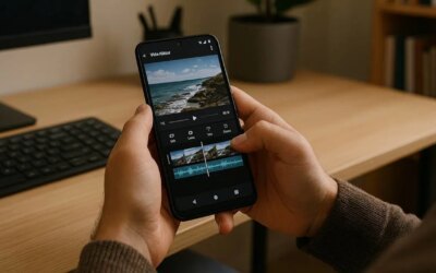 Person holding an Android phone while rotating a video in a home office.