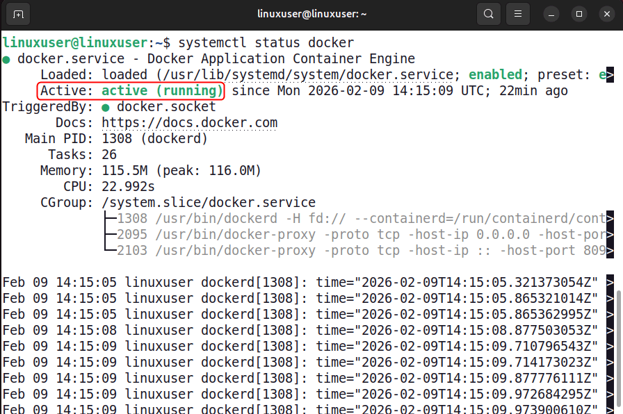 Vérifier l'exécution du service Docker