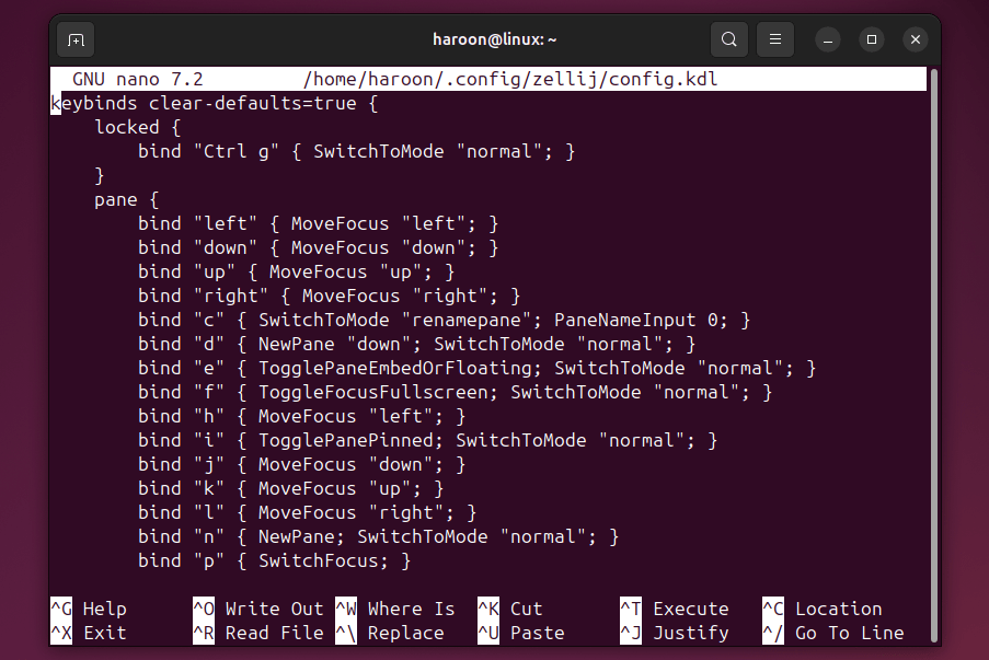 Fichier de configuration Zellij ouvert dans le terminal