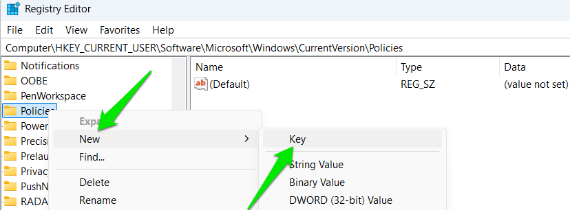 Création d'une nouvelle clé dans le registre Windows