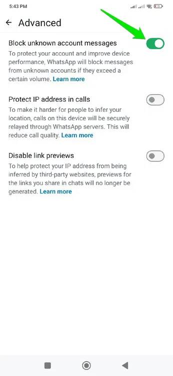 Paramètre Bloquer les messages inconnus dans WhatsApp