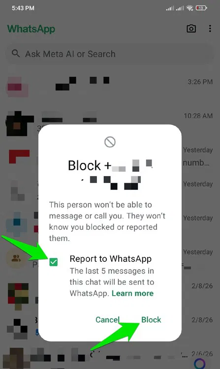 Confirmation du blocage dans WhatsApp