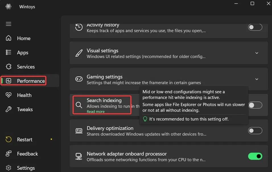 Basculer l’indexation de recherche sous Performances dans Wintoys