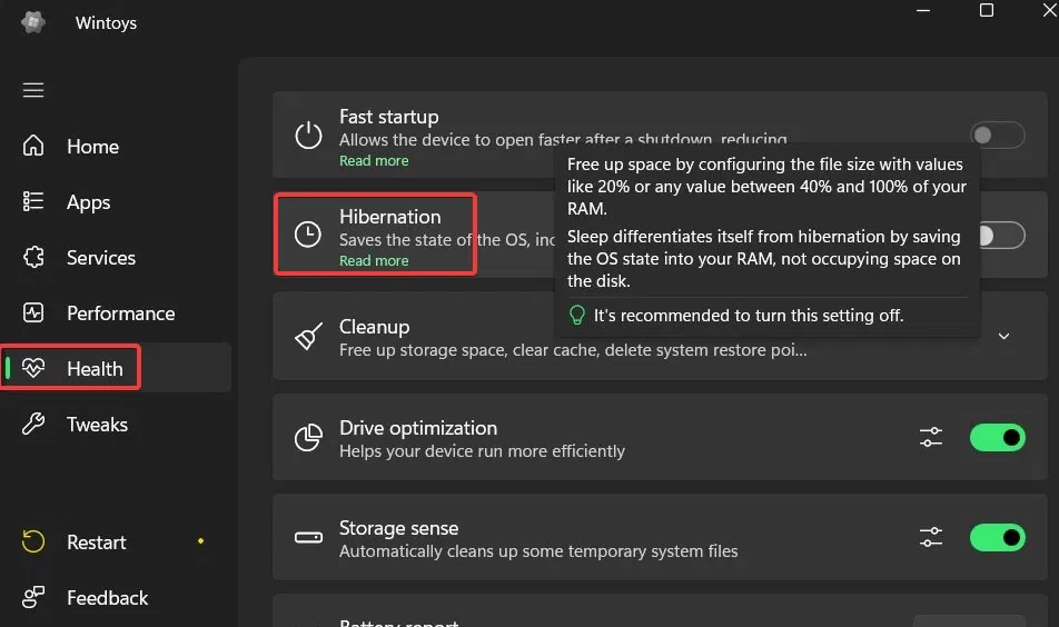 Hibernation basculer sous Santé dans Wintoys