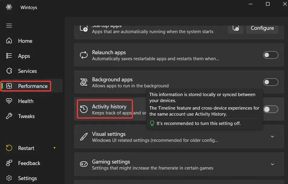 L'historique des activités bascule sous Performances dans Wintoys